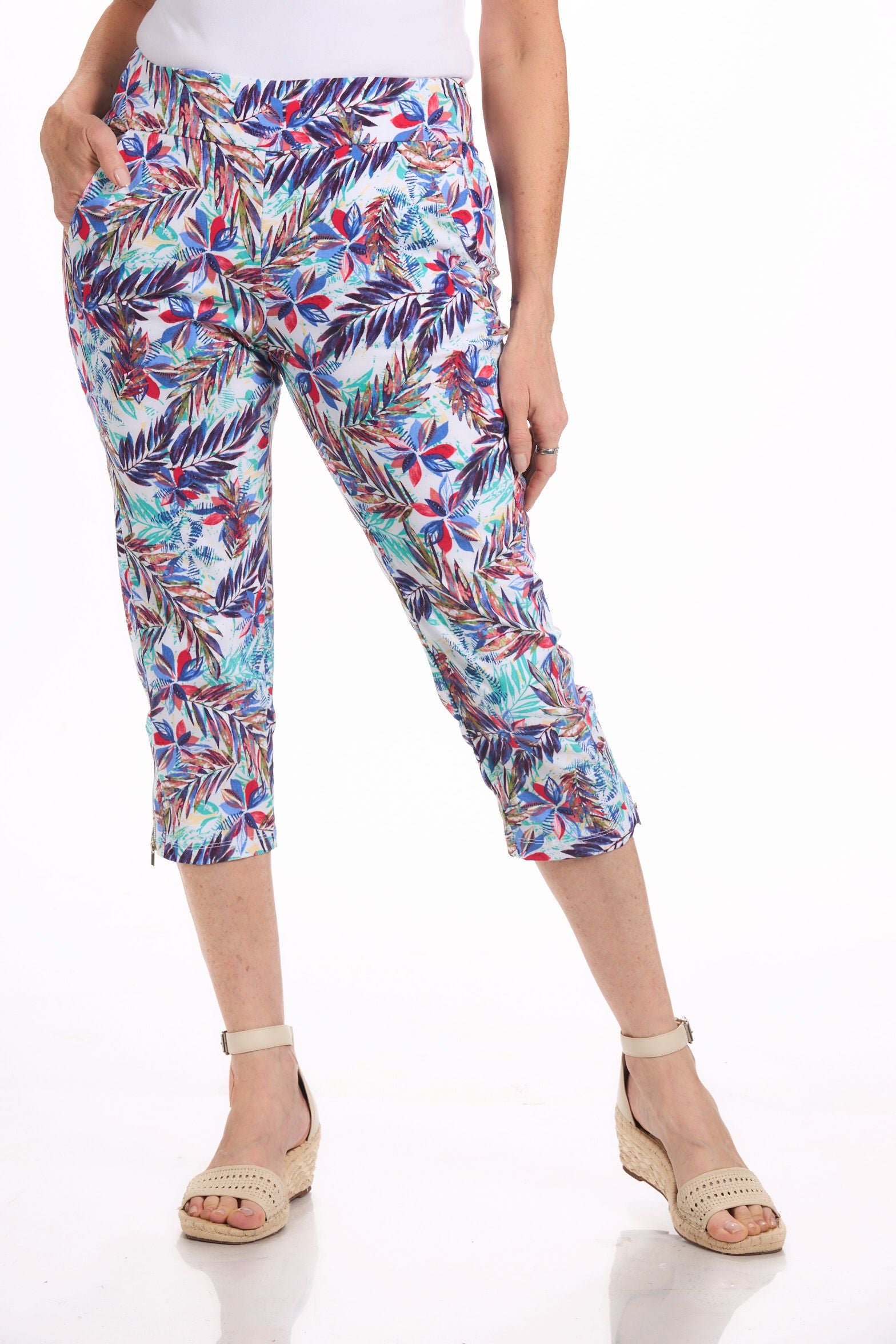 Front image of tribal pull on capri in melon leaf paint.