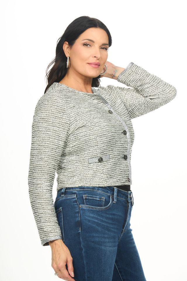 Side image of Picadilly smoked grey tweed jacket.