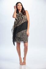 Front image of mimozza three layer chiffon dress. Animal printed dress. 