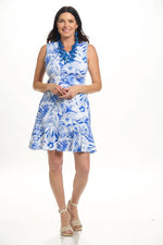 Front image of Anaclare mj flounce dress in peri blue print. 