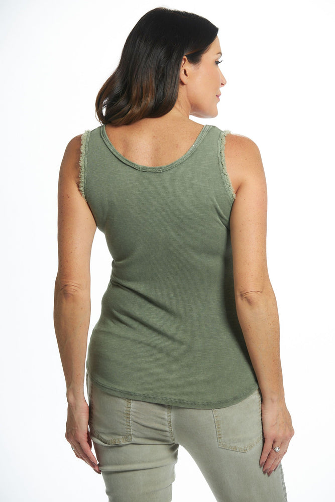 Back image of look mode raw edge tank top. Olive green basic sleeveless top. 
