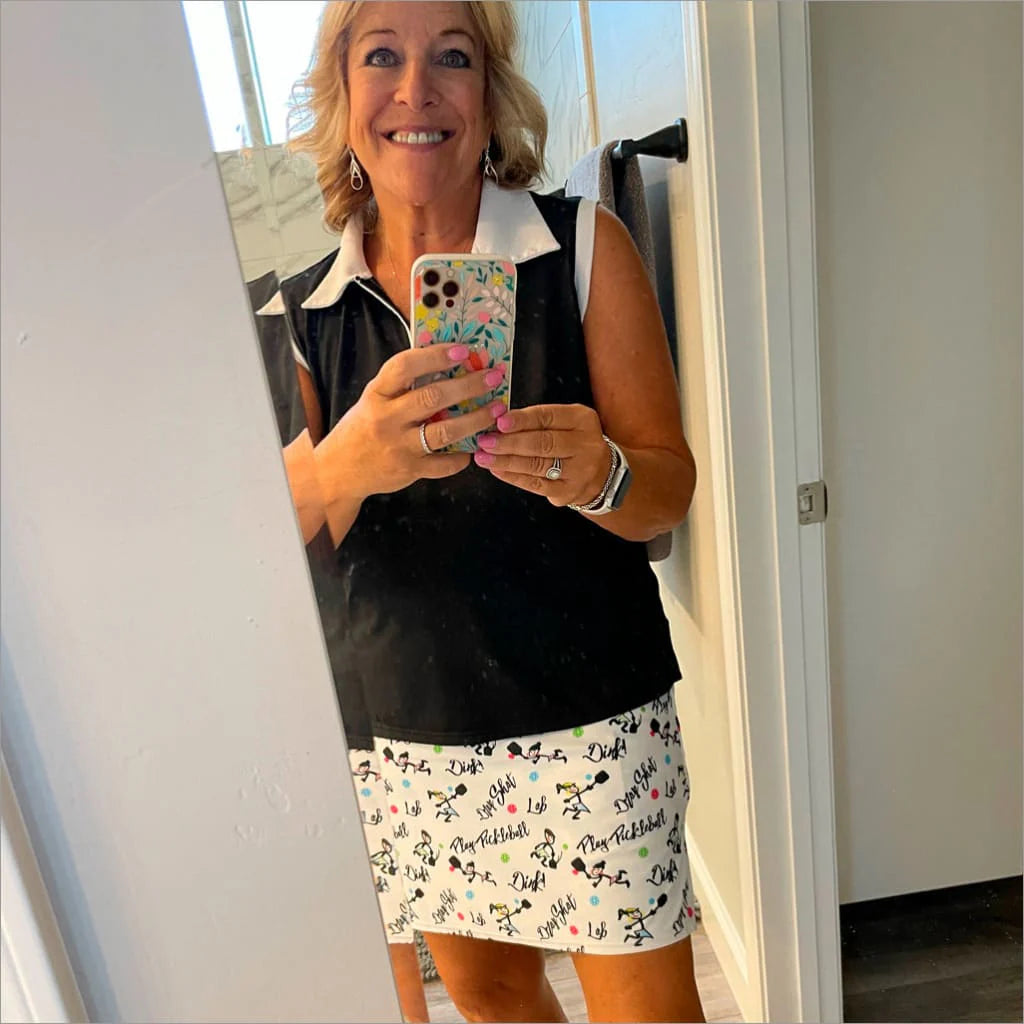 Front image of skort obsession white pickleball skort. 