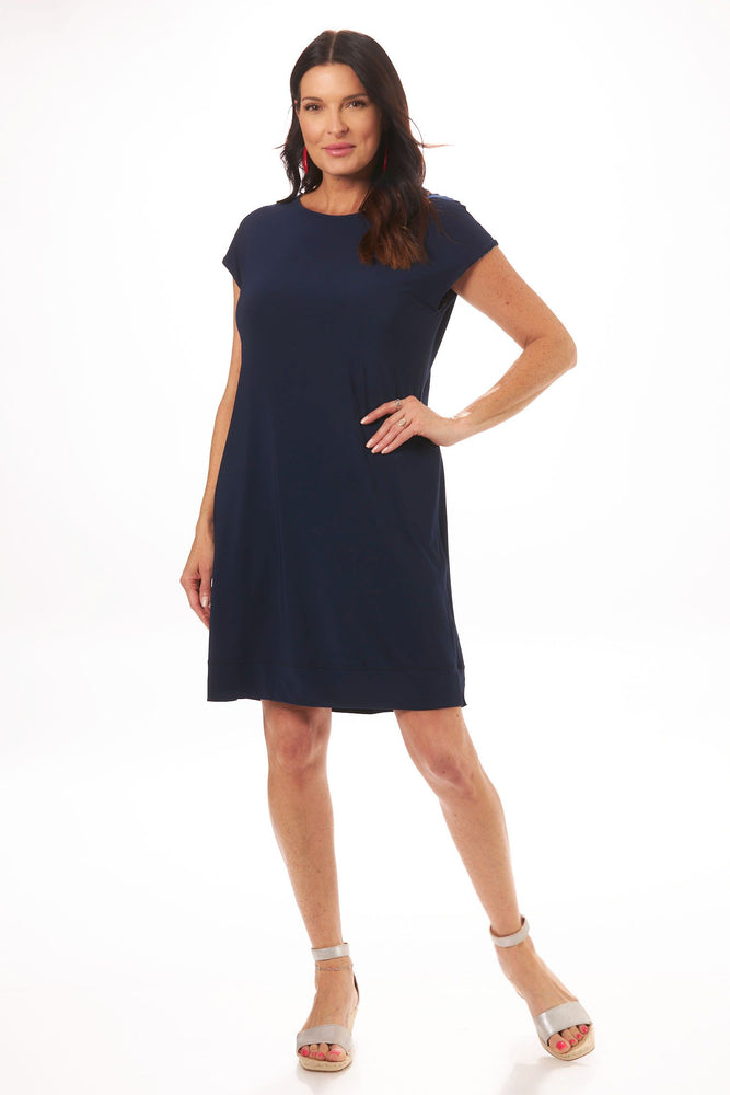 Front image of Mimozza cap sleeve dress. Navy short sleeve dress. 