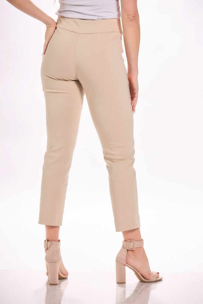 Back image of Stone Krazy Larry ankle pants. Tan colored pull on pants. 