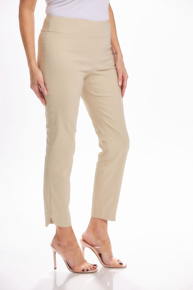Side image of UP! Petal leg ankle pants. Stone colored basic pull on pants. 