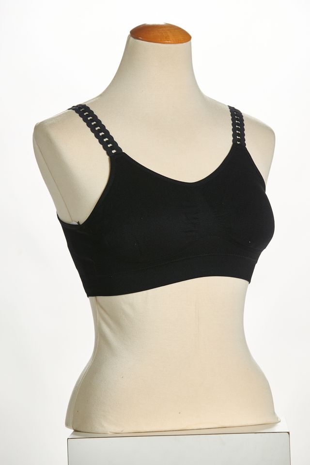 Front image of black loops strap its bra.