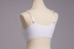Back image of strap its white vegan flower bra. 