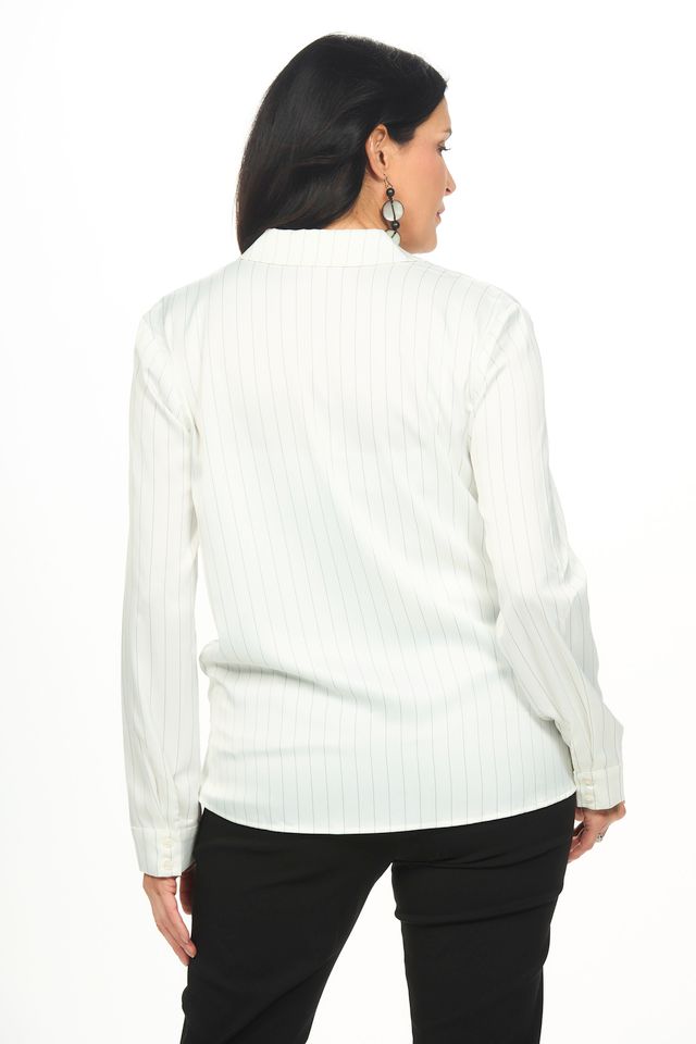 Back image of white striped blouse with twist front.