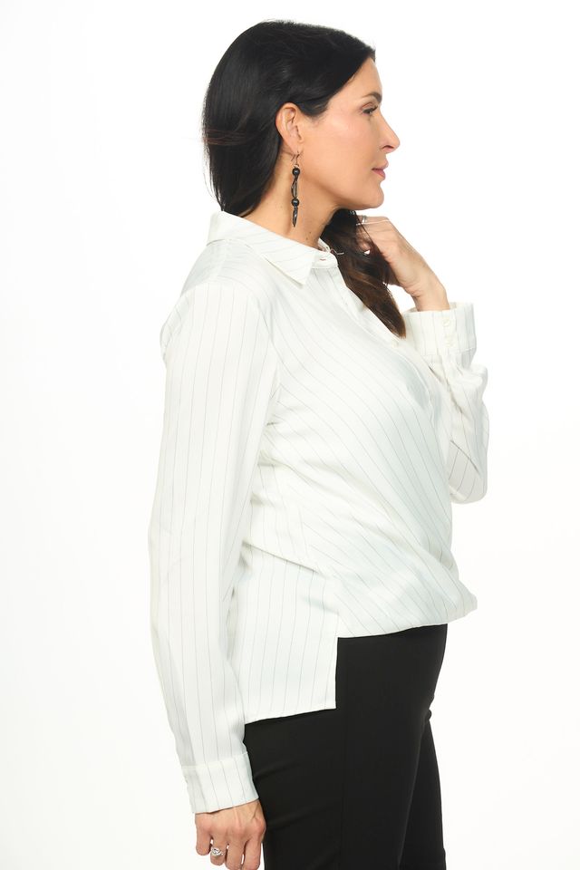 Side image of white striped blouse with twist front.