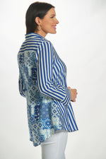 Side image of Shana long sleeve button front shirt. Striped and pattern top. 
