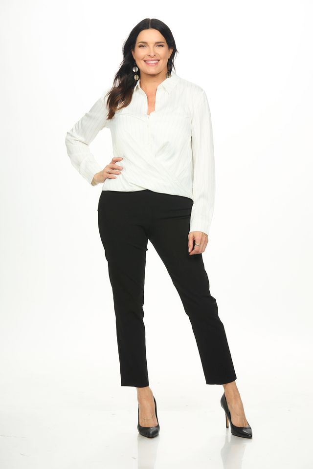 Front image of white striped blouse with twist front.