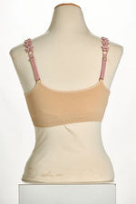 Back image of strap its bra in suede blush flowers. 