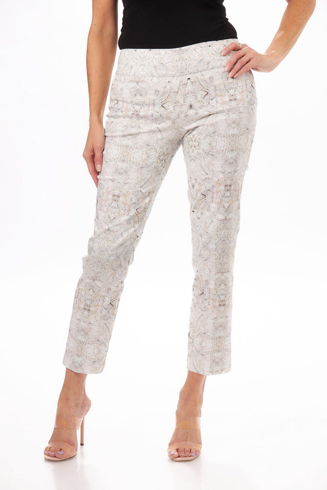 Front image of Lisette printed ankle pants. Sundial ivory printed pants. 