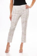Front image of Lisette printed ankle pants. Sundial ivory printed pants. 