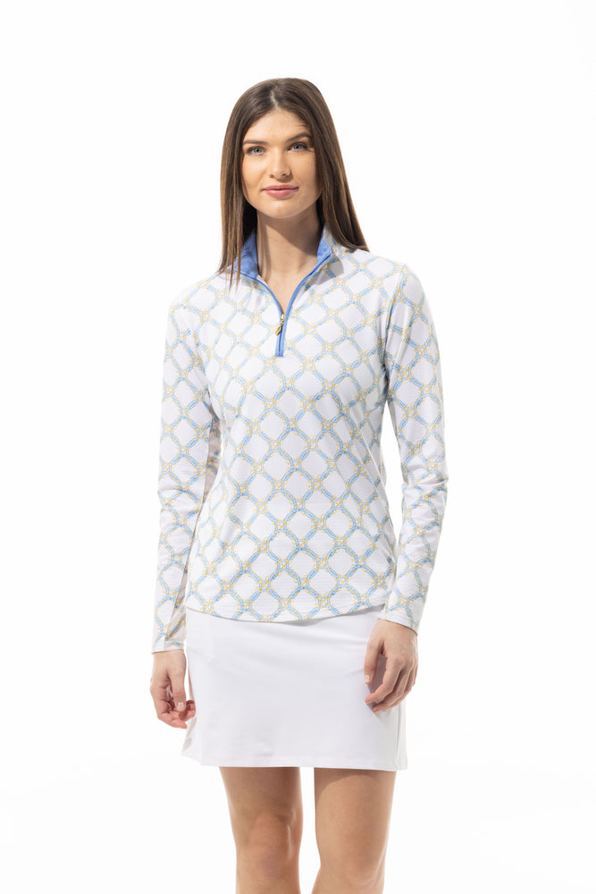 Front image of SanSoleil long sleeve mock top in bitsy blue print. 