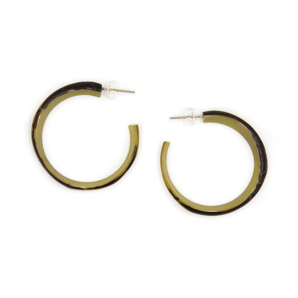 Side image of Tagua alicia earrings. Olive green hoop earrings. 