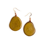Front image of Tagua amigas earrings. Olive green dangle earrings. 