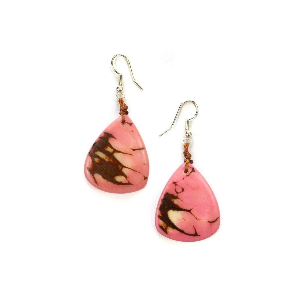 Front image of Tagua Andrea Earring. Pink handmade dangle earrings. 