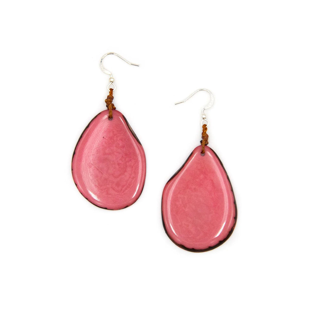 Front image of Tagua Amigas Earrings. Rose pink handmade earrings. 