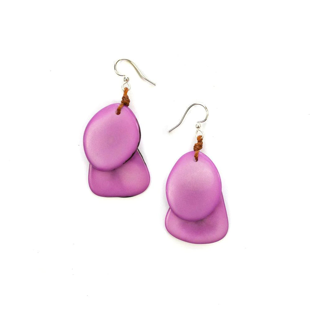 Front image of Tagua Fiesta Earrings. Violet dangle earrings. 