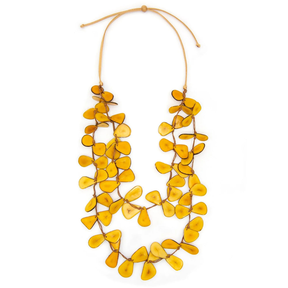 Front image of Tagua Cielo Necklace. Mustard yellow handmade necklace. 