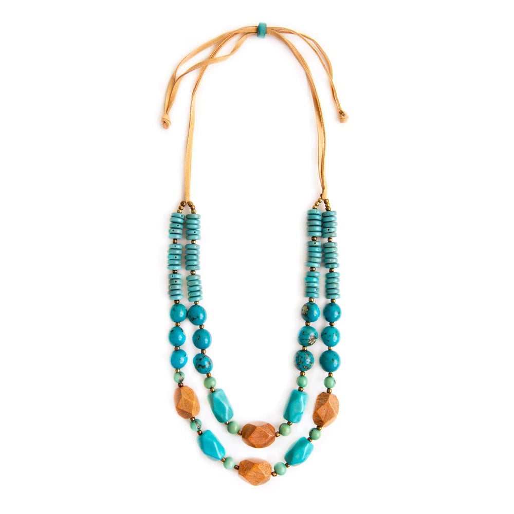 Front image of Canyon Necklace. Turquoise long handmade necklace. 