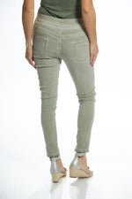 Back image of taupe pull on embroidered side jeggings. Made in italy bottoms. 