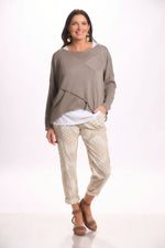Front image of Catherine lily white taupe one sized top. 