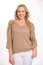 Front image of perfect sweater made in italy. Taupe v-neck open sweater. 