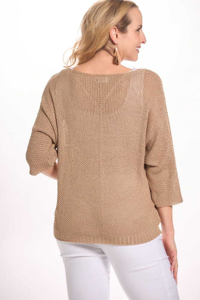 Back image of perfect sweater made in italy. Taupe v-neck open sweater. 