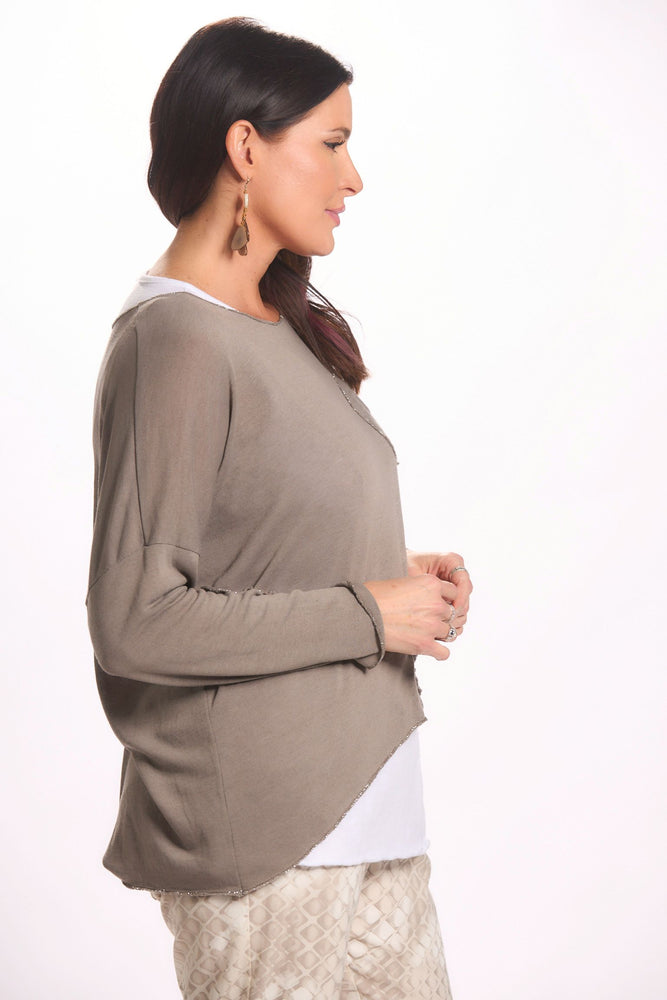 Side image of Catherine lily white taupe one sized top. 