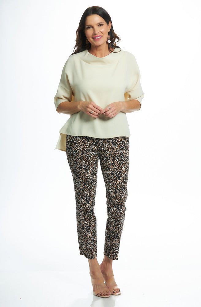Front image of UP! techno slim pants in terra print. 