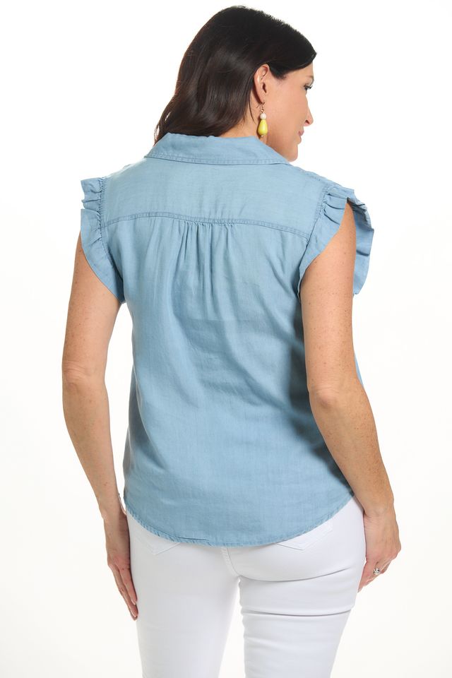 Back image of Elo ruffle sleeve tencel top. 