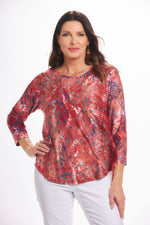 Front image of Cubism 3/4 sleeve textured top. Red printed top. 