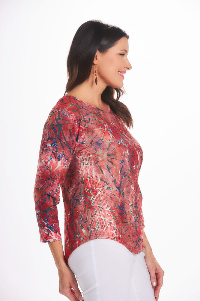 Side image of Cubism 3/4 sleeve textured top. Red printed top. 