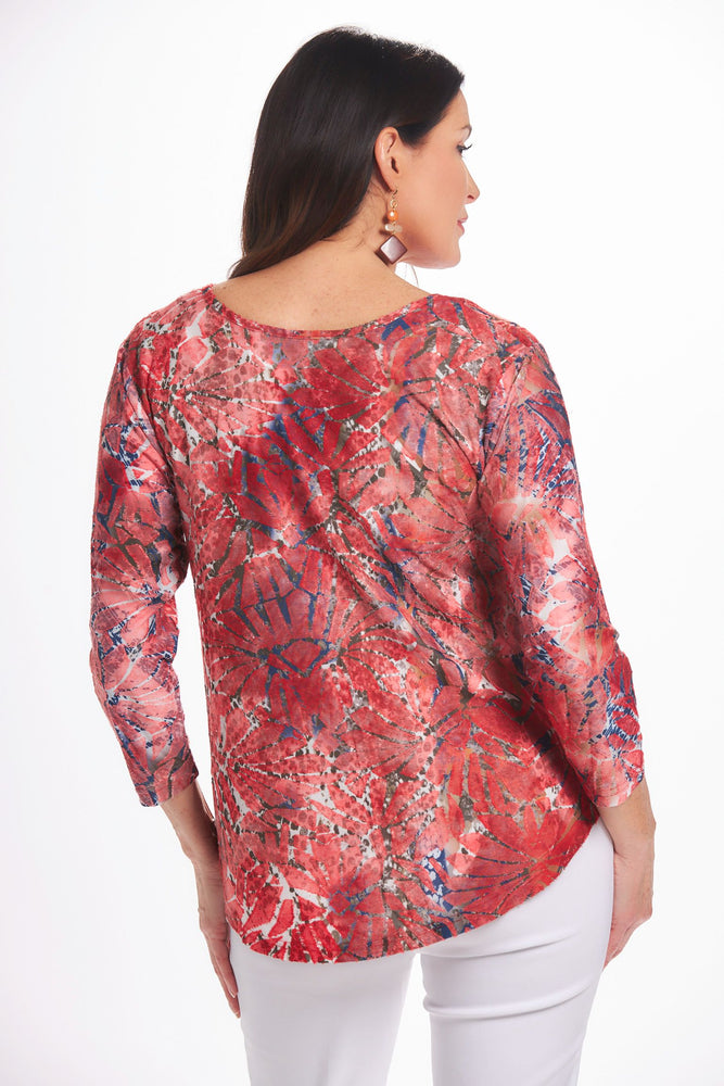 Back image of Cubism 3/4 sleeve textured top. Red printed top. 