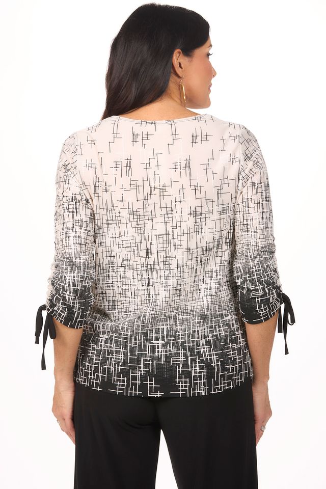Back image of Picadilly rouche arm printed khaki top.