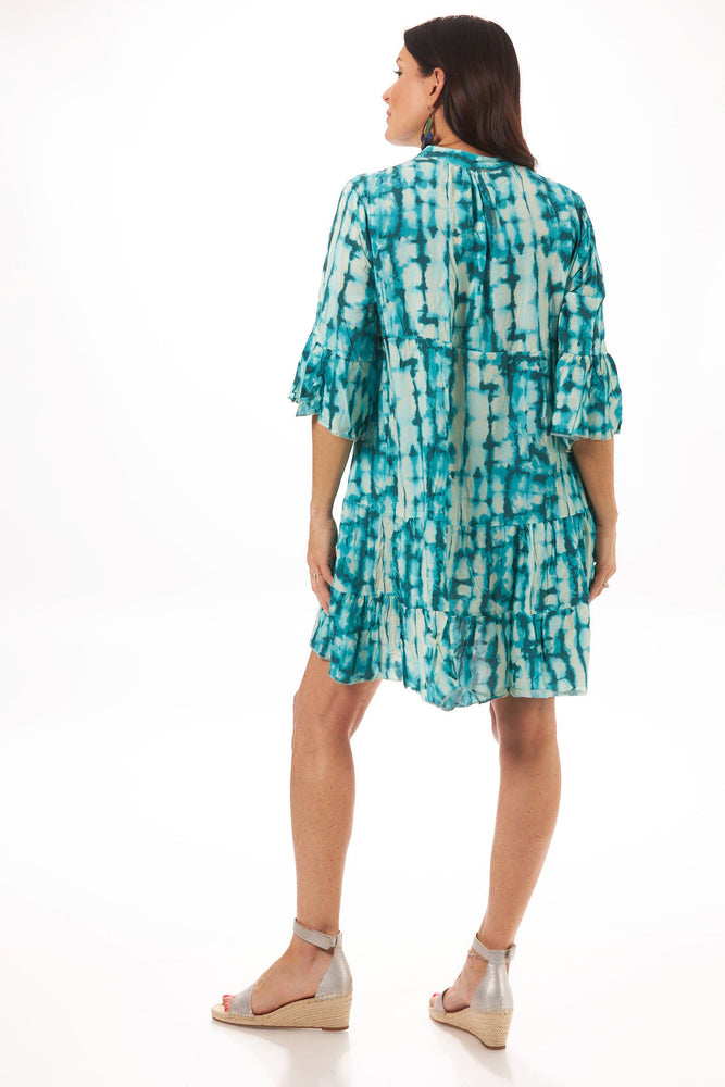 Back image of Aqua tie dye look mode dress. Button front boho dress. 