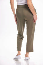 Back image of pintuck waist tie pants in dusty olive. Pull on athleisure pants. 