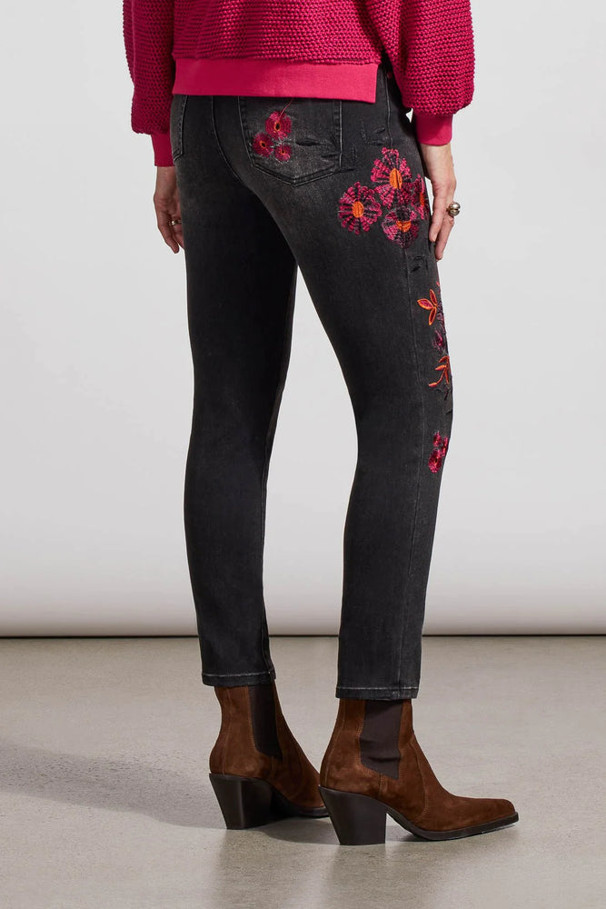 Back image of Tribal Audrey Embroidered Slim Leg Jean. Dusty black floral printed denim. 