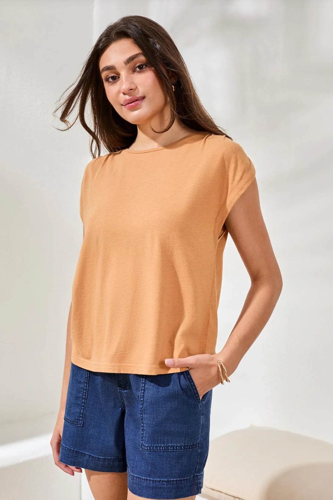 Cap Sleeve Boat Neck Slub Top