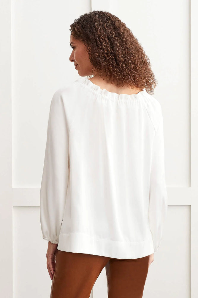 Back image of Tribal flowy satin peasant blouse. Cream long sleeve blouse. 