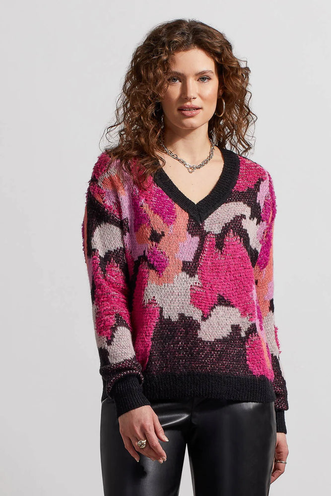 Front image of Tribal Long Sleeve V-Neck Sweater. Black and pink printed sweater. 
