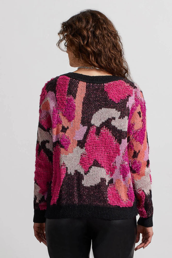 Back image of Tribal Long Sleeve V-Neck Sweater. Black and pink printed sweater. 