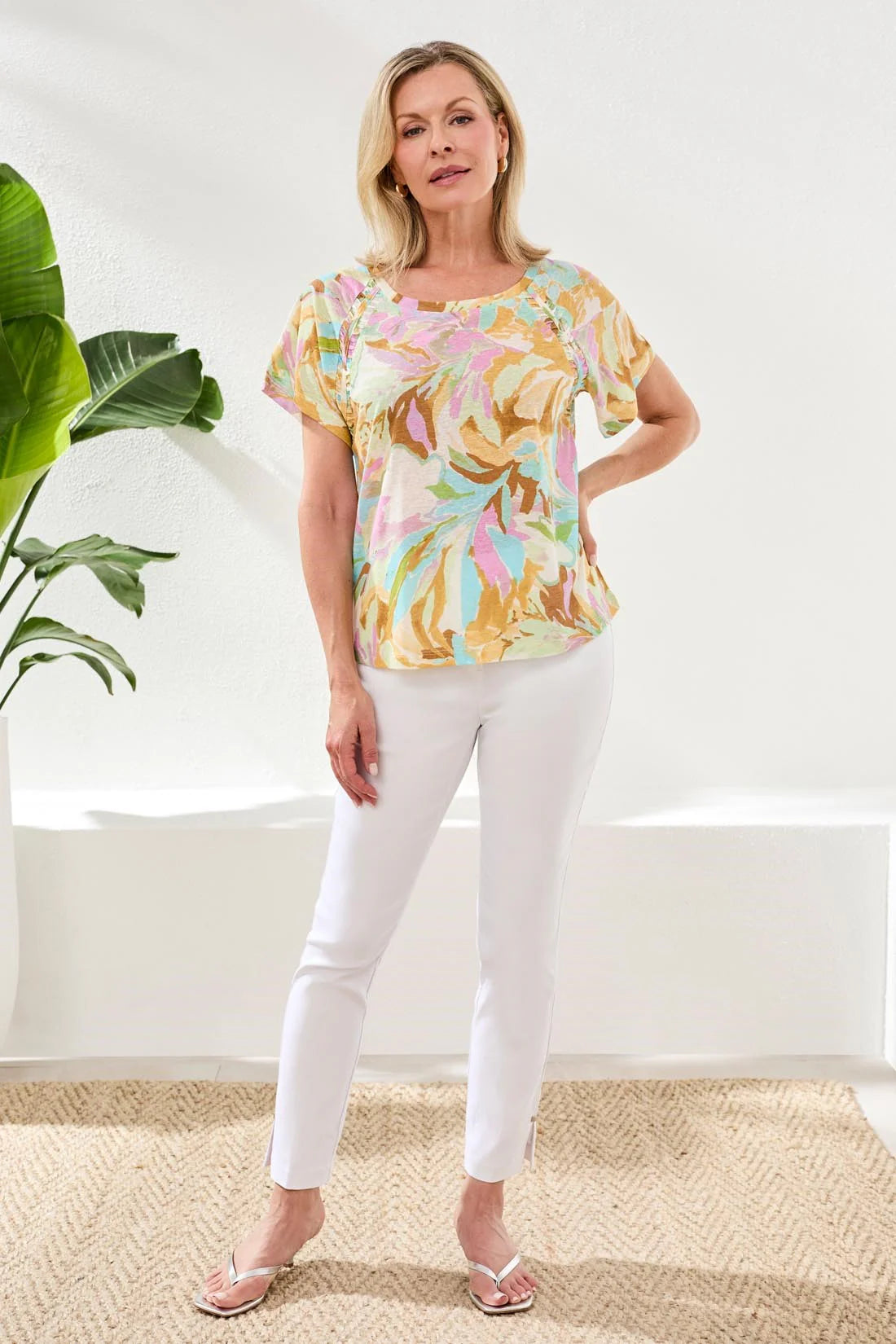Short Sleeve Linen Print Top