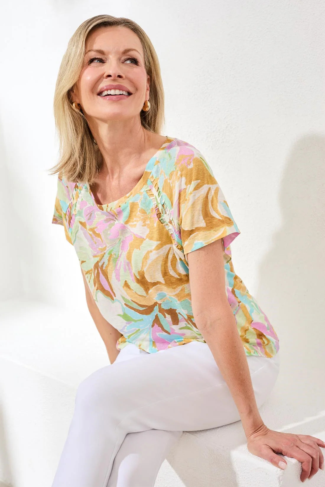 Short Sleeve Linen Print Top