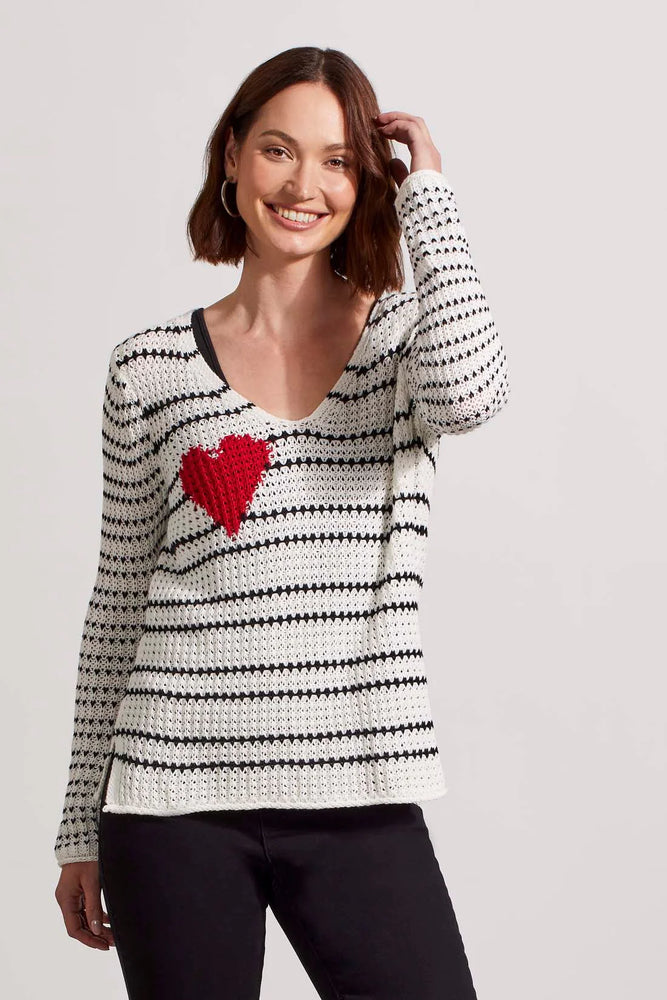 Front image of Tribal long sleeve v-neck combo heart sweater. 