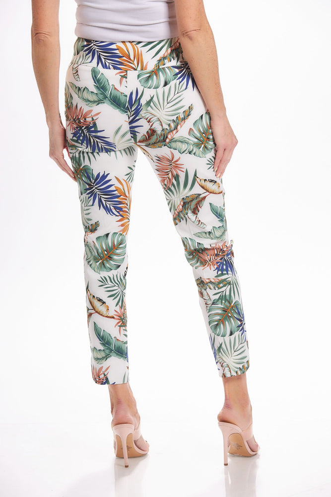 Back image of Up! petal leg ankle pants. Lotus tropical printed pants. 