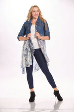 Front image of long sleeve button front jacket with tulle. Denim and tulle jacket by origami. 