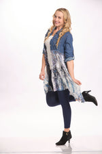 Front image of long sleeve button front jacket with tulle. Denim and tulle jacket by origami. 